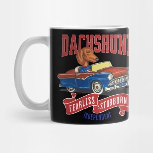 Funny Dachshund doxie  driving a retro vintage classic car  with red white and blue flags Mug
